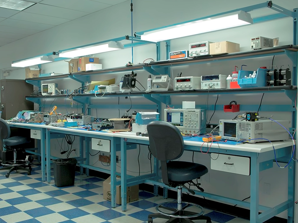 ATEH.tech in-house electronics laboratory with oscilloscopes, signal analyzers and soldering equipment