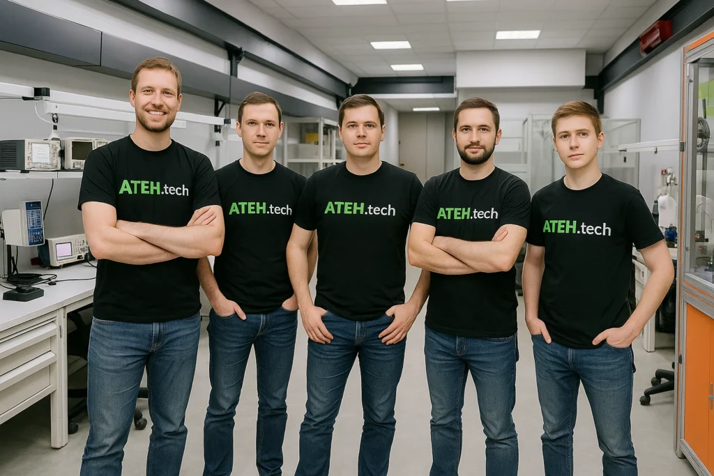Five engineers from ATEH.tech standing in a modern electronics laboratory wearing black shirts with the ATEH.tech logo