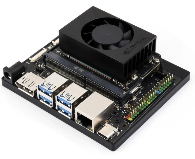Embedded AI computing module with heatsink and cooling fan, carrier board with USB, Ethernet and GPIO interfaces